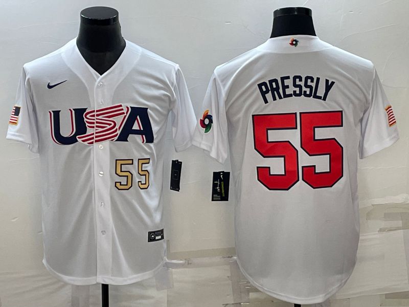 Men 2023 World Cub USA 55 Pressly White Nike MLB Jersey3